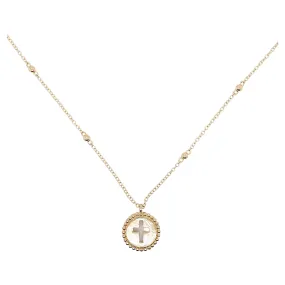 Pierced Cross Pendant Necklace w Bead Frame w Cut Out Cross w Cable Chain, 14k