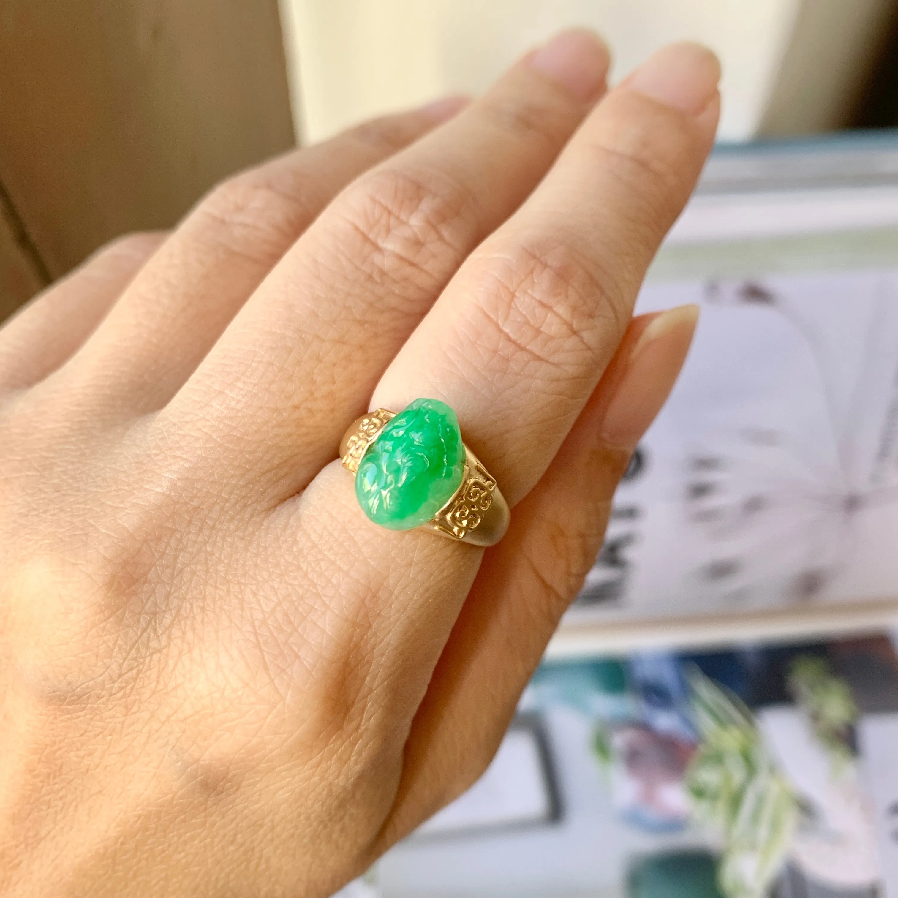 16.3mm A-Grade Natural Moss on Snow Jadeite Pixiu Ring No.162307