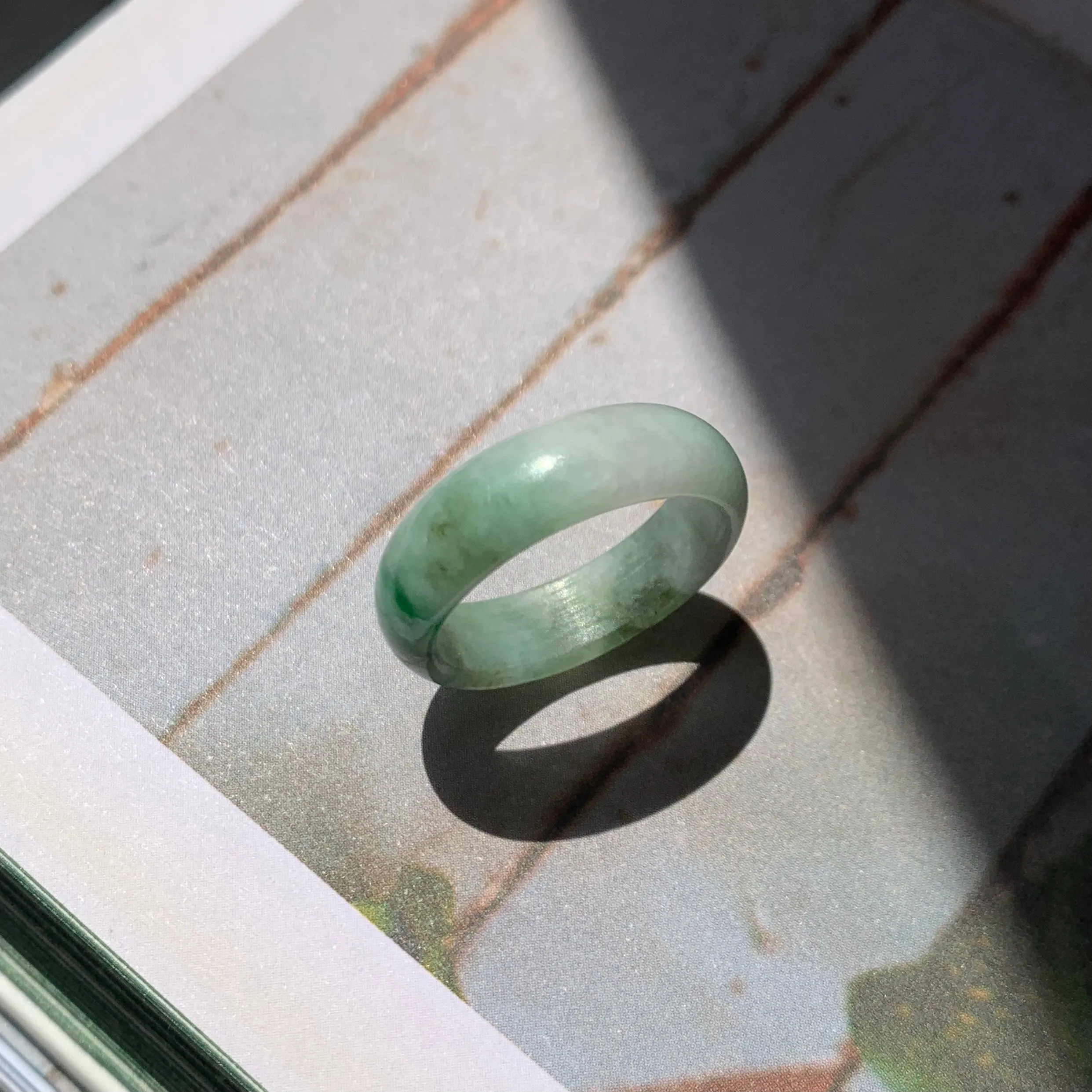 17.2mm A-Grade Natural White Green Jadeite Abacus Ring Band No. 161471