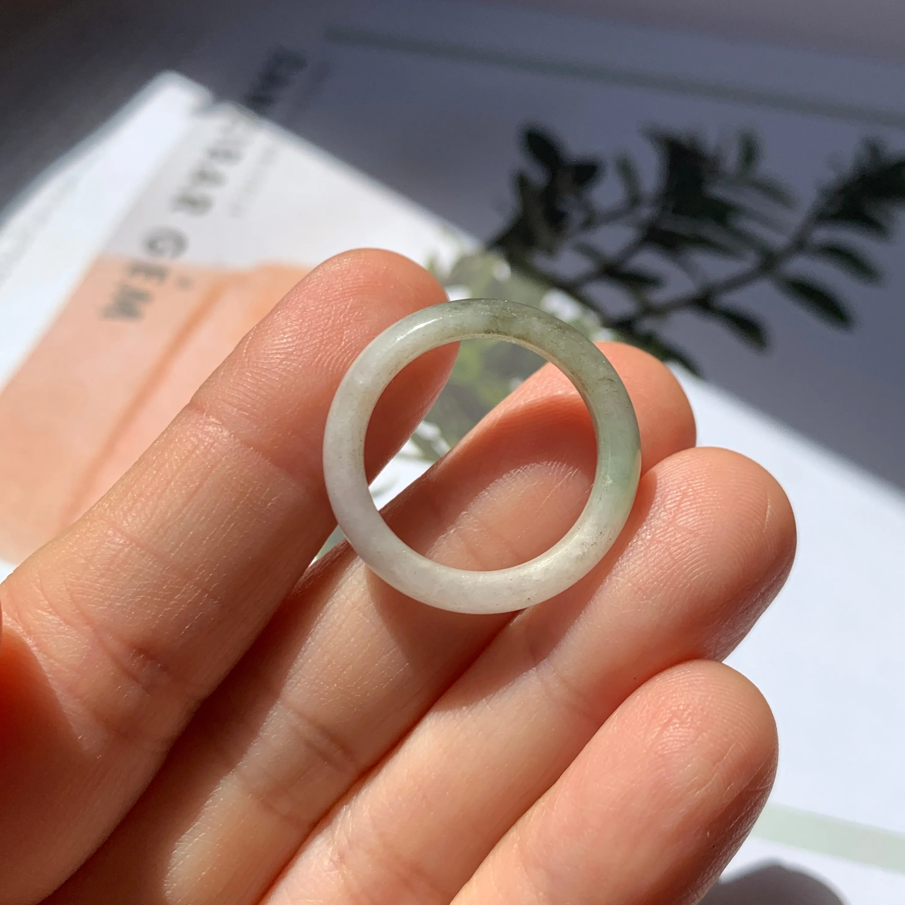 17.3mm A-Grade Natural White Yellowish Green Jadeite Abacus Ring Band No.161924