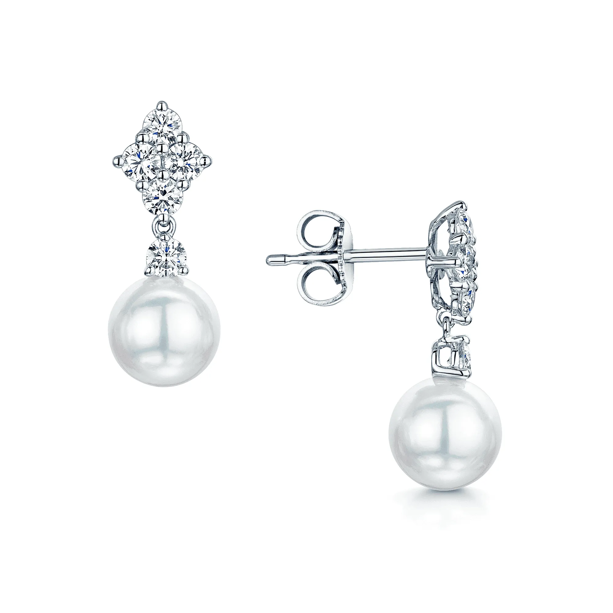 18ct White Gold Akoya Pearl & Diamond Classic Elegance Drop Earrings