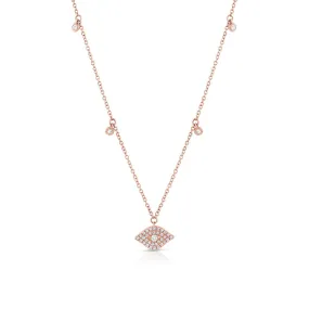 18K Rose Gold Pave Diamond Evil Eye Dangle Pendant Necklace