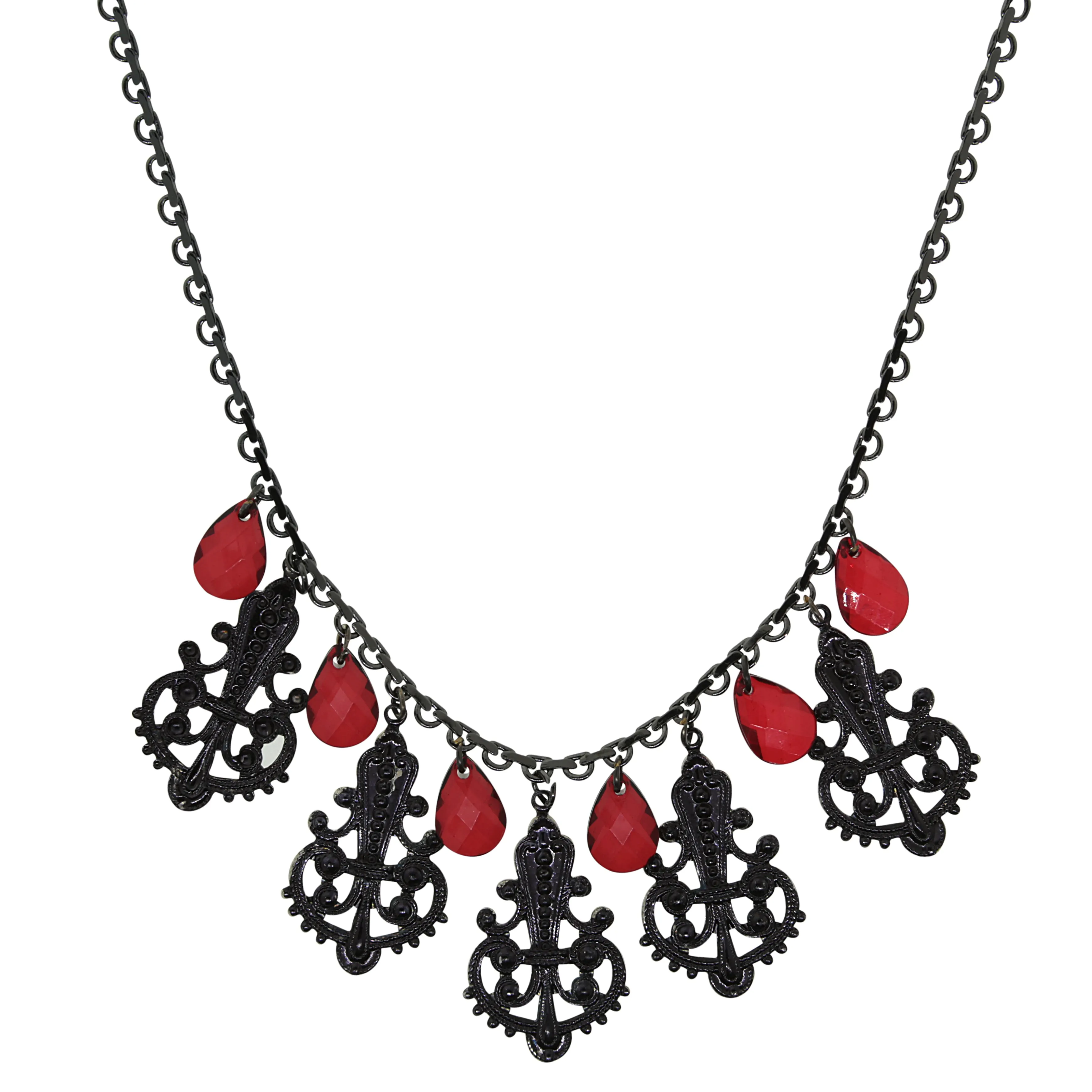 1928 Jewelry Black Royal Filigree Ornamental Red Briolette Drop Necklace 16"   3" Extender