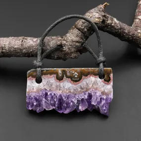 2 Hole Pendant Natural Purple Amethyst Stalactite Druzy Pendant Flat Slice Long Rectangle