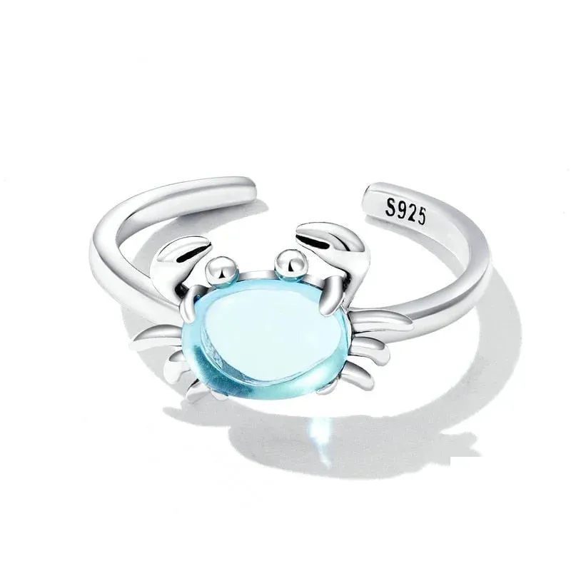 925 Sterling Silver Blue Stone Crab Pattern Party Wear Open Ring for Women