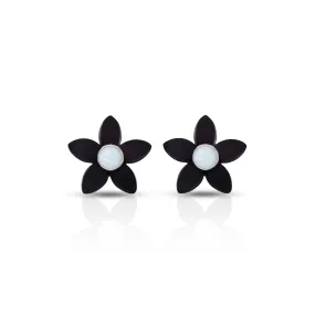 Black Flower Stud Silver Earrings with Pearl Center