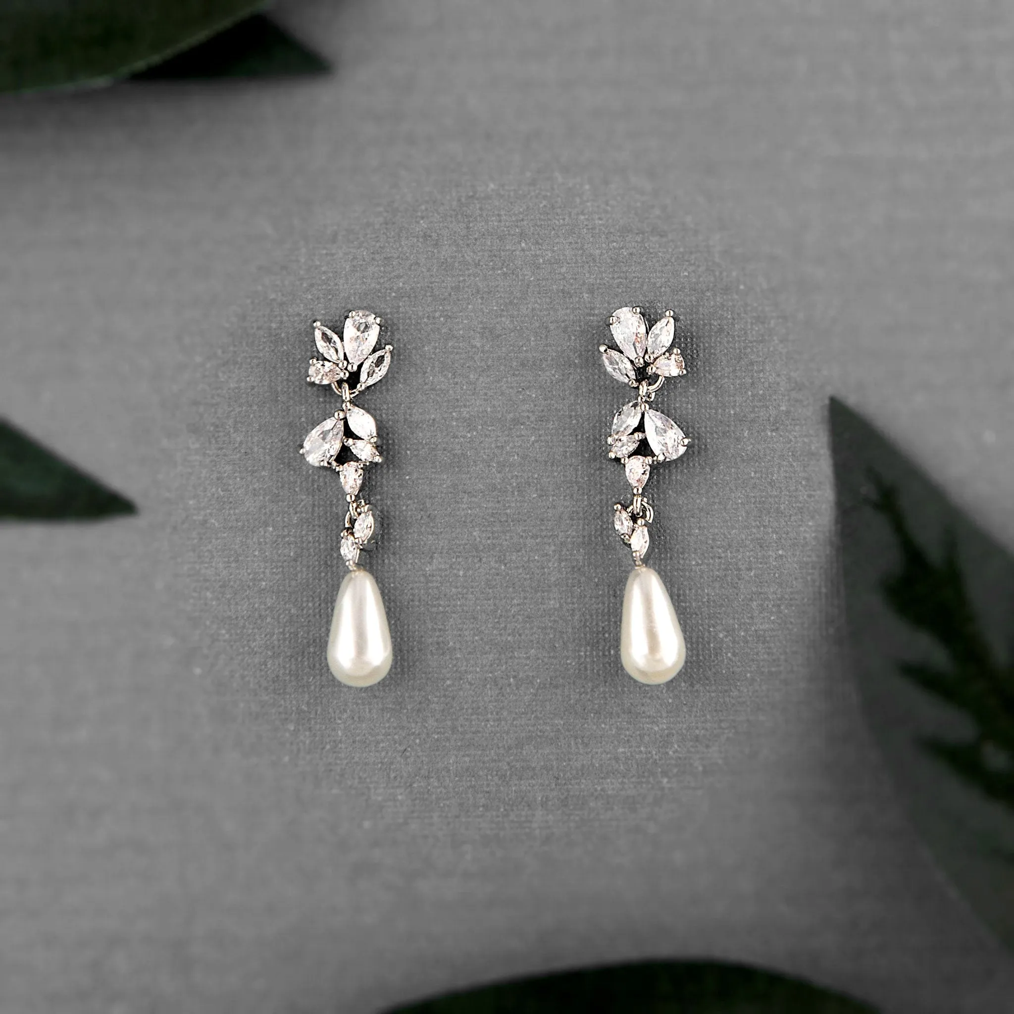 Dainty Teardrop Pearl Drop CZ Earrings