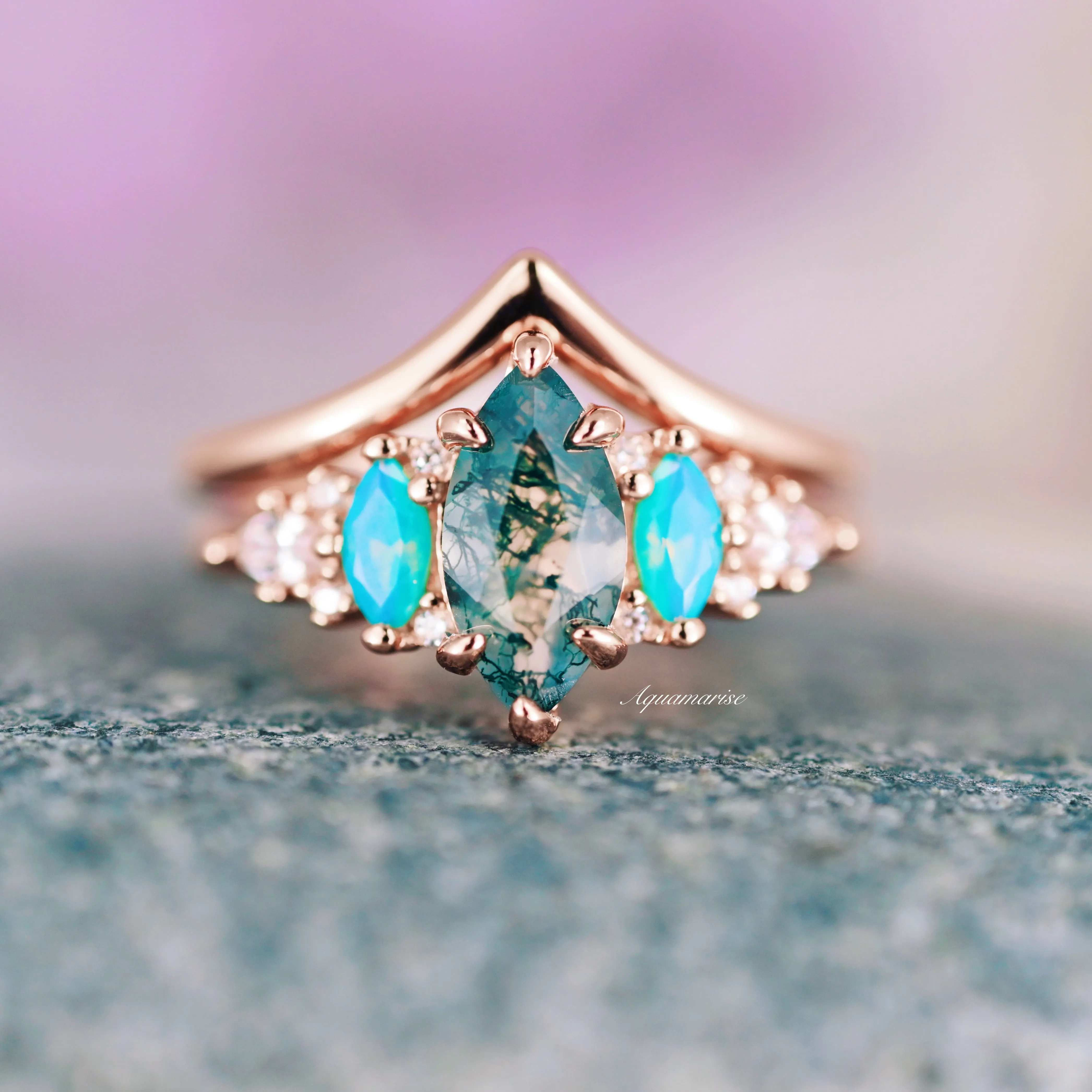 Emerie Moss Agate & Opalescent Sapphire Ring Set- 14K Rose Gold Vermeil