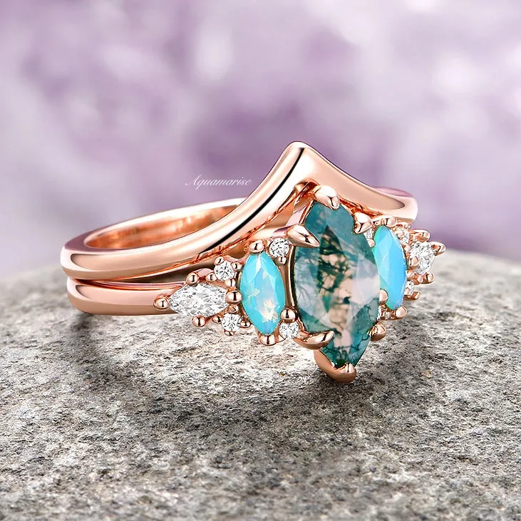 Emerie Moss Agate & Opalescent Sapphire Ring Set- 14K Rose Gold Vermeil