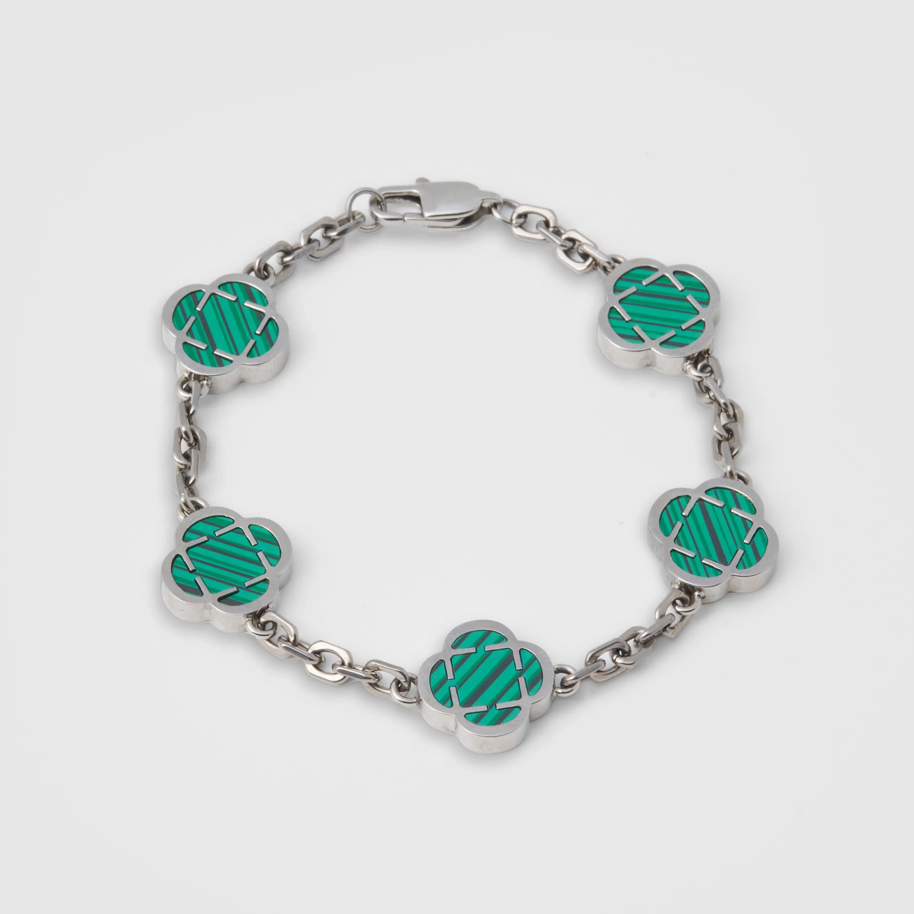 Silver Malachite Clover Stone Bracelet - Elegant Design