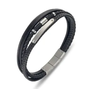 Mens I.D. bar leather stainless steel bracelet black silver