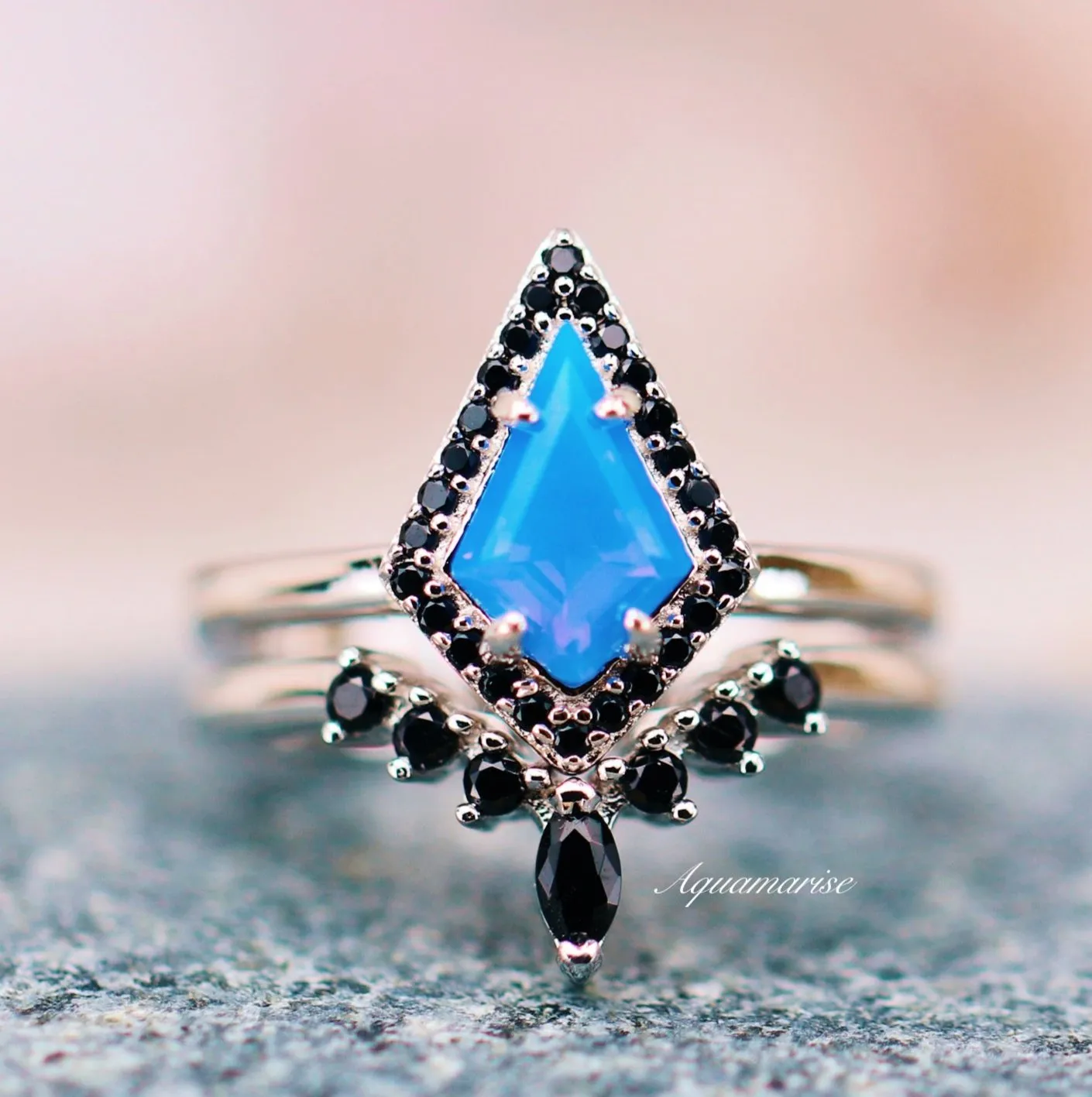 Opalescent Blue Sapphire & Black Onyx Ring Set- Sterling Silver