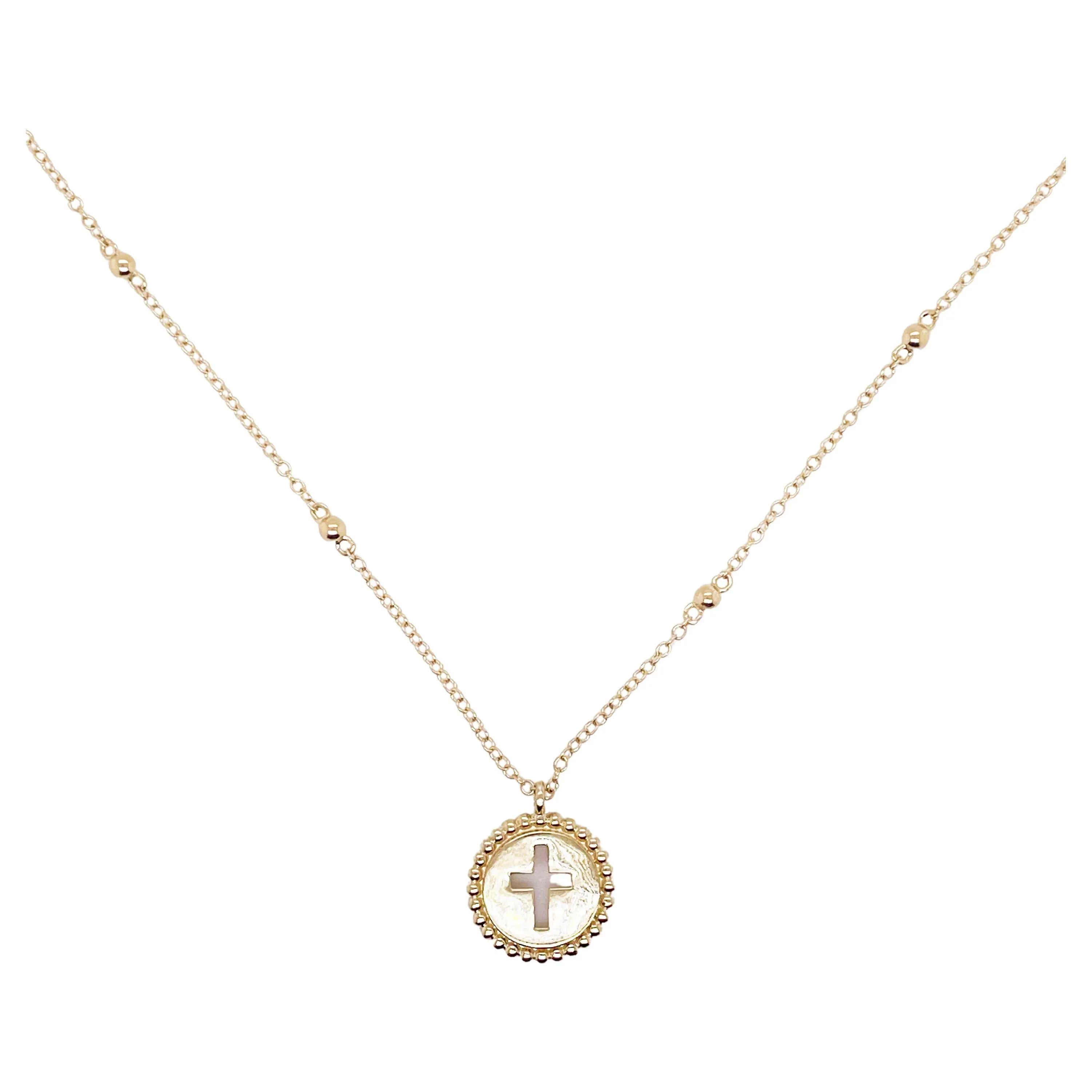 Pierced Cross Pendant Necklace w Bead Frame w Cut Out Cross w Cable Chain, 14k