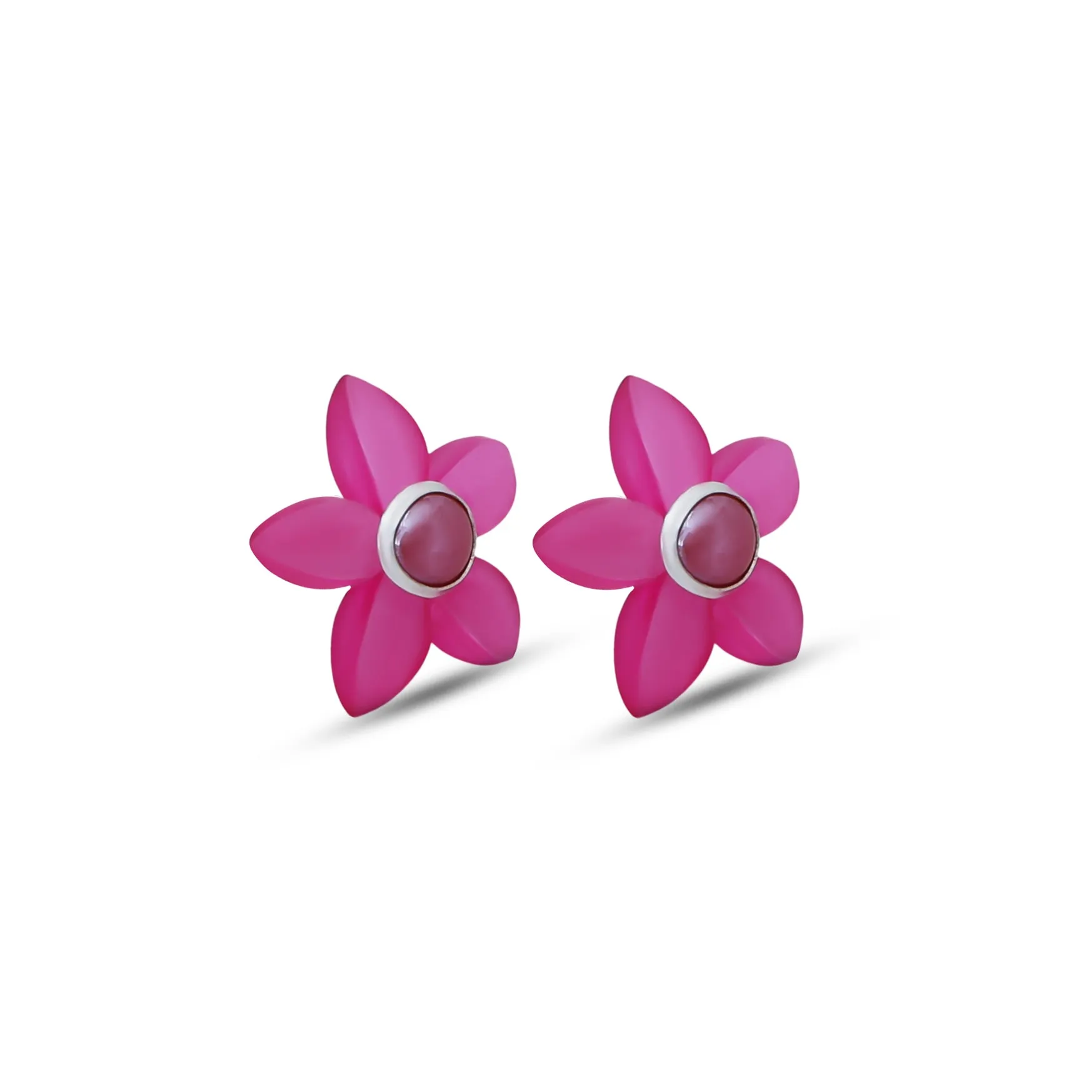 Pink Flower Stud Silver Earrings with Pearl Center