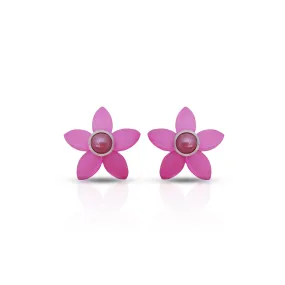 Pink Flower Stud Silver Earrings with Pearl Center